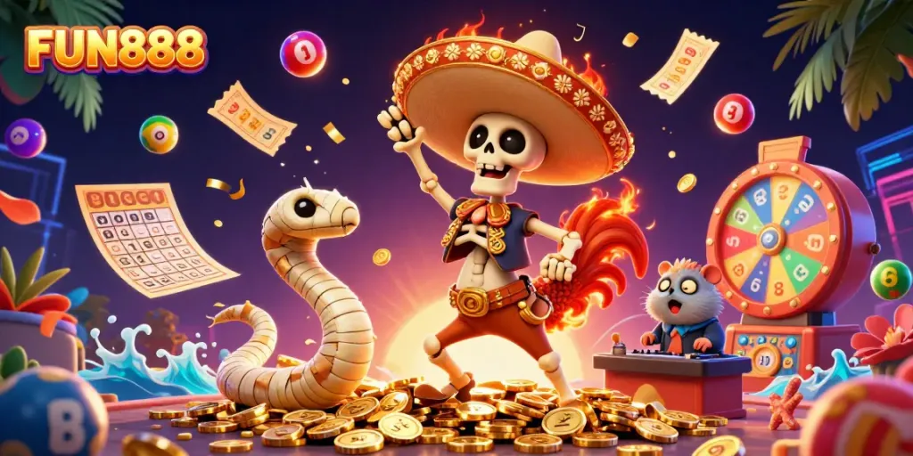 Experience the vibrant excitement of FUN888 with lively casino characters dancing among golden coins and colorful game elements.