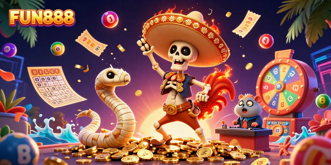 Experience the vibrant excitement of FUN888 with lively casino characters dancing among golden coins and colorful game elements.