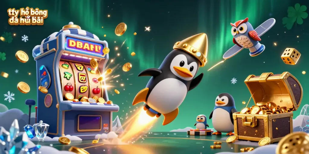 Engage with tỷ lệ bóng đá nhà cái through a dynamic illustration featuring a golden penguin and casino elements.