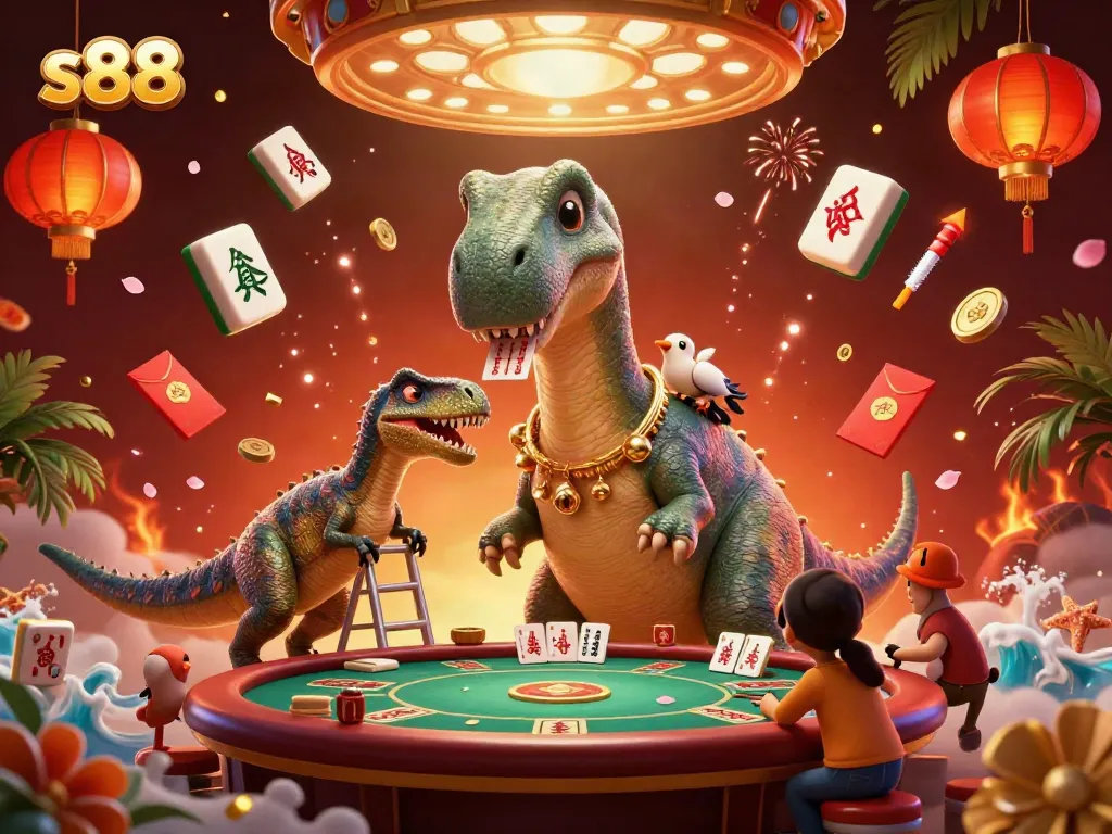 Experience thrilling moments with s88 as a giant brontosaurus watches over a lively casino scene with dynamic elements.