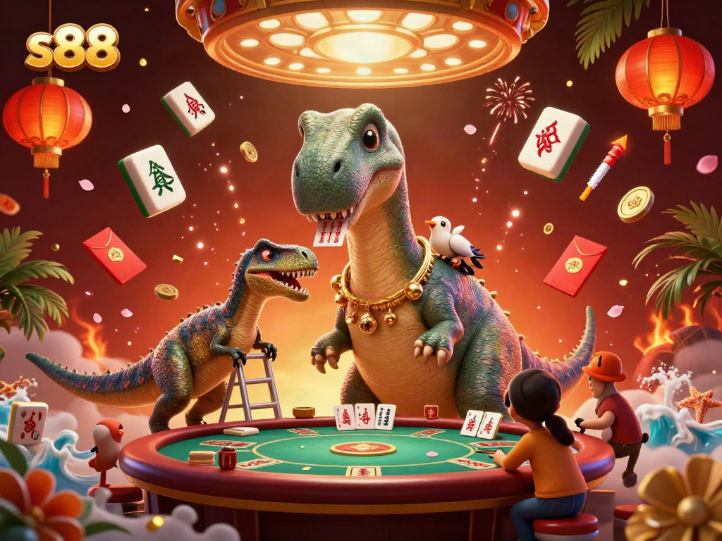 Experience thrilling moments with s88 as a giant brontosaurus watches over a lively casino scene with dynamic elements.