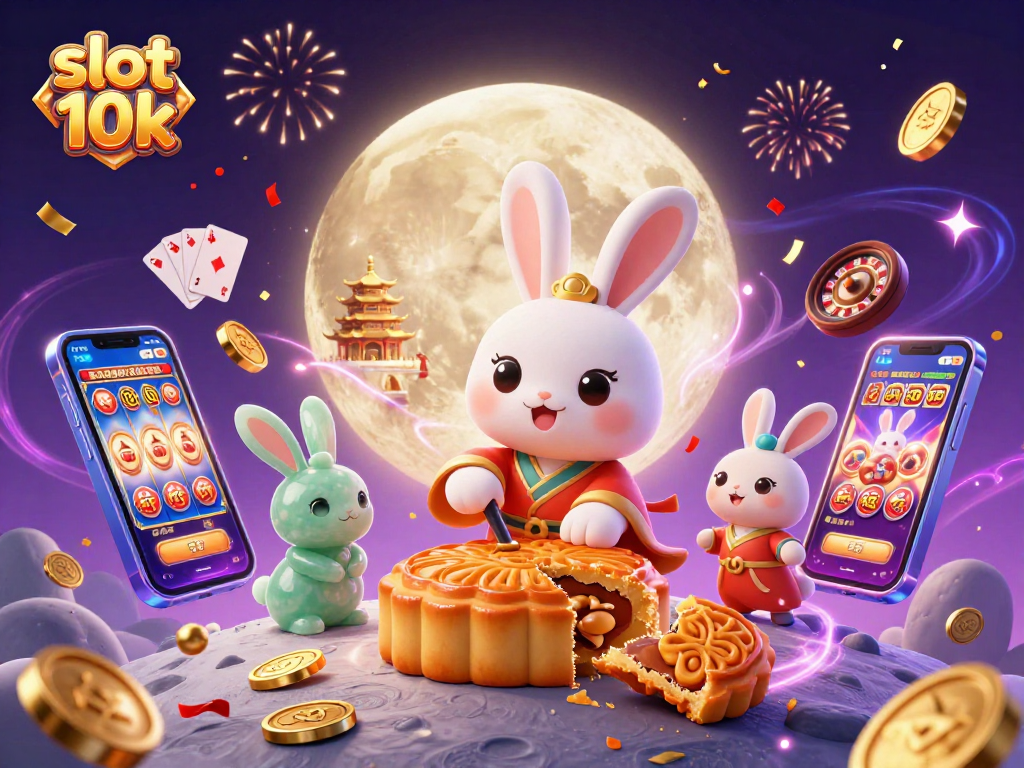 Slot 10k memperlihatkan kelinci bulan dalam perayaan, dengan karakter yang mengeluarkan chip poker dari kue bulan.