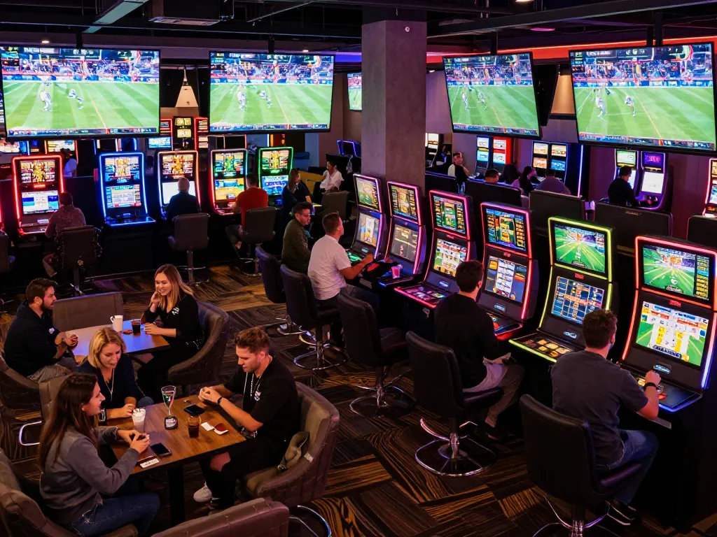 Engaged bettors placing wagers on live sports at 789WIN's vibrant lounge