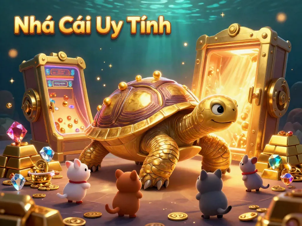 Experience the vibrant scene of exciting gameplay at Nhà Cái Uy Tín with a colossal golden tortoise as a pinball wizard and treasure galore.