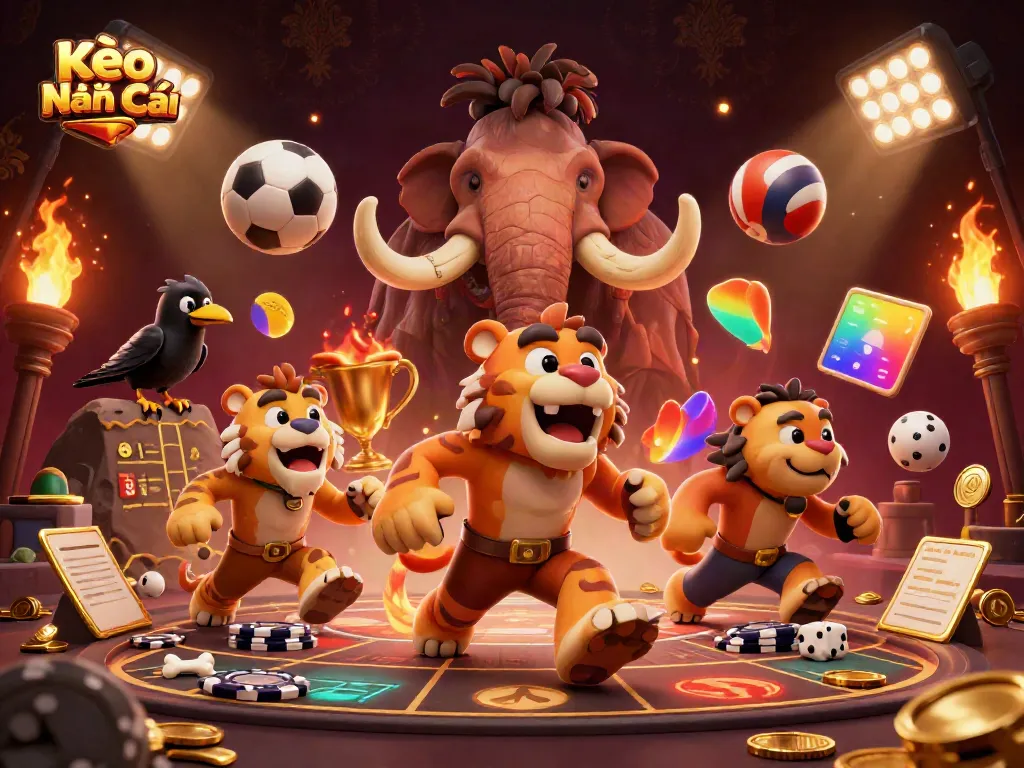 Place bets with Kèo Nhà Cái in a vibrant prehistoric casino scene filled with dynamic elements.