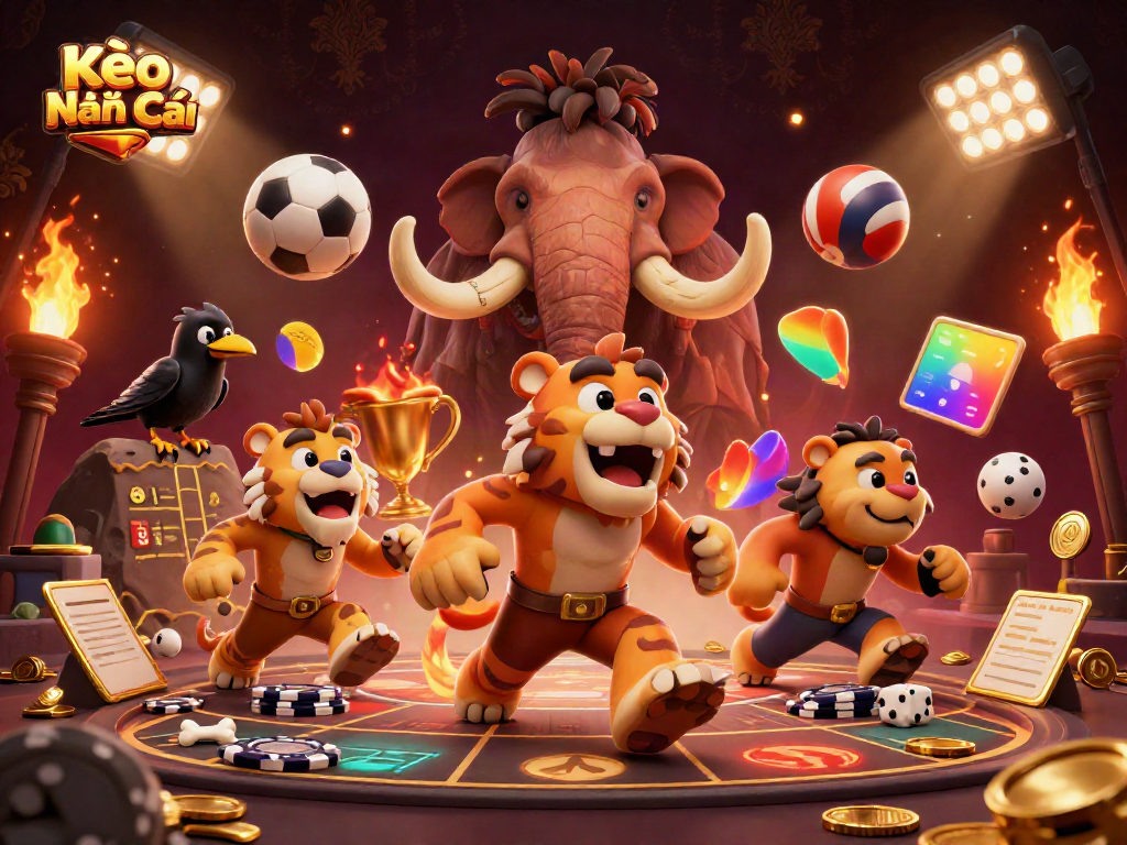 Place bets with Kèo Nhà Cái in a vibrant prehistoric casino scene filled with dynamic elements.