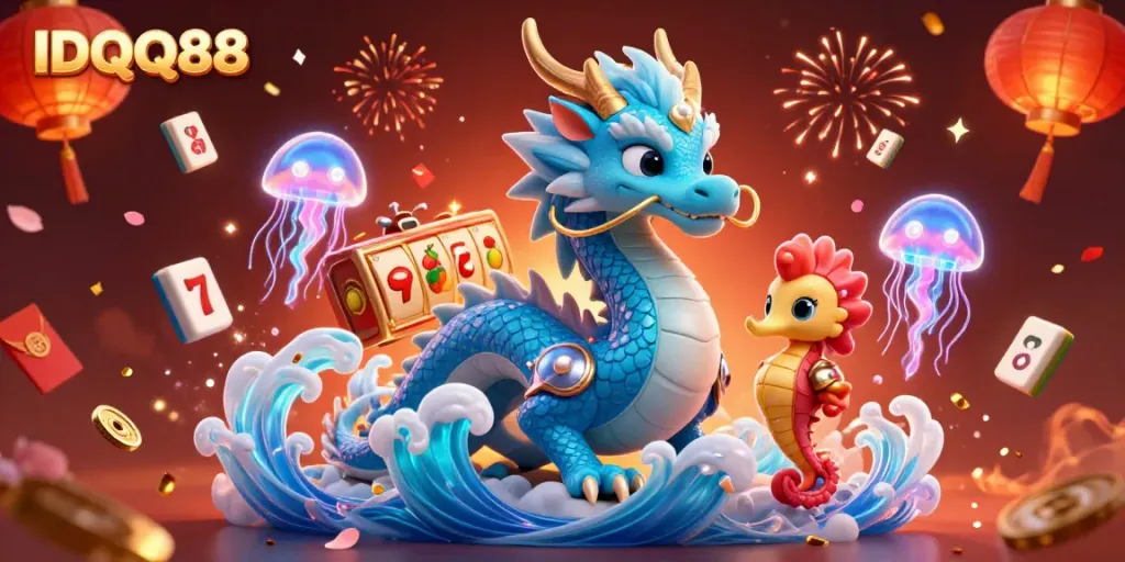 Experience the magical world of IDQQ88 with an azure dragon, seahorse knight, and vibrant slot reels.