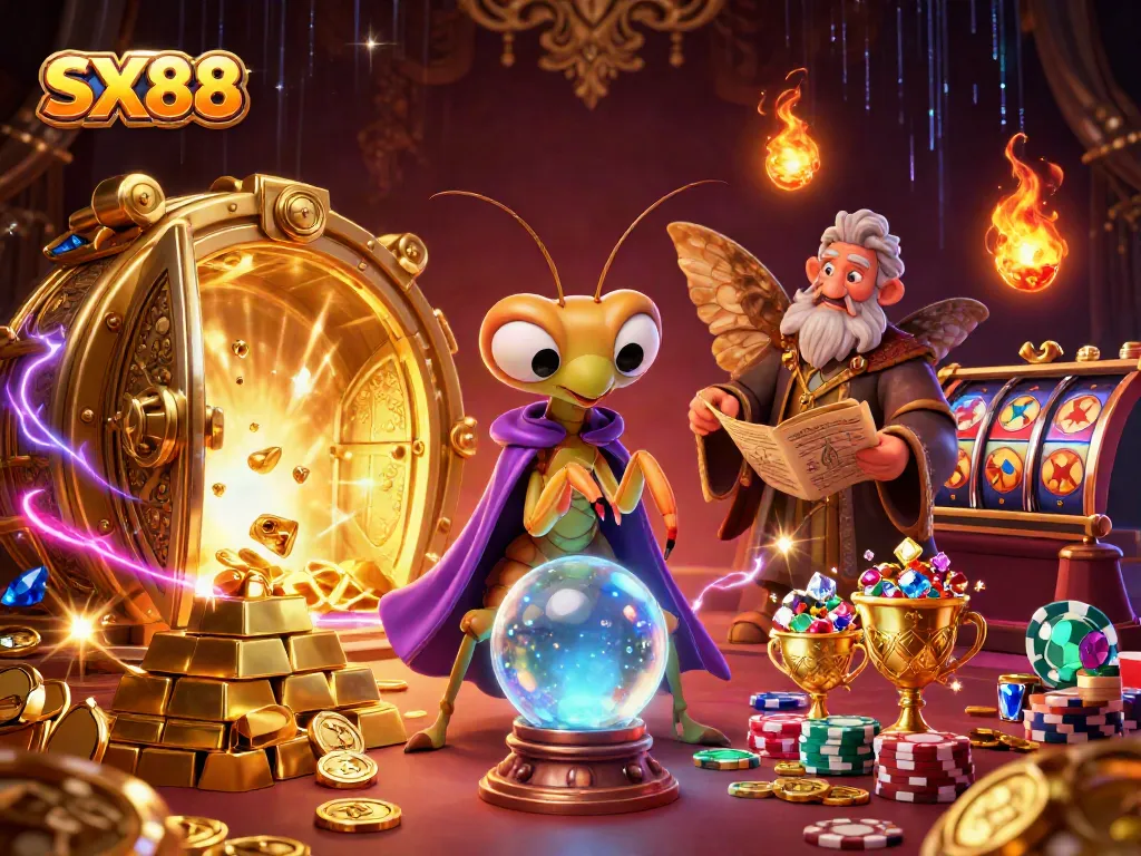 SX88 themed casino illustration featuring a mystical scenario with vibrant slots and rich casino elements.