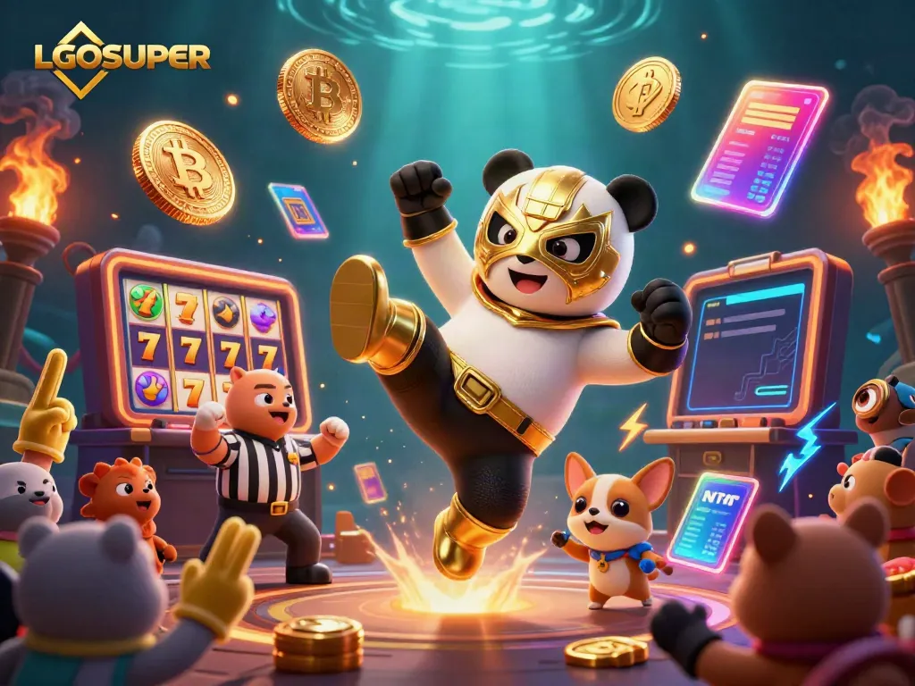 Experience thrilling wins at LGOSUPER with exciting slot games featuring a golden lucha wrestler panda.