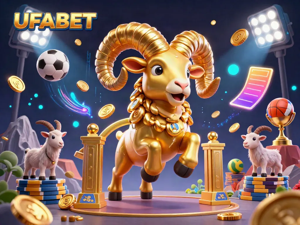Experience the thrilling action at UFABET, featuring a golden ram charging with sports elements in dynamic play.