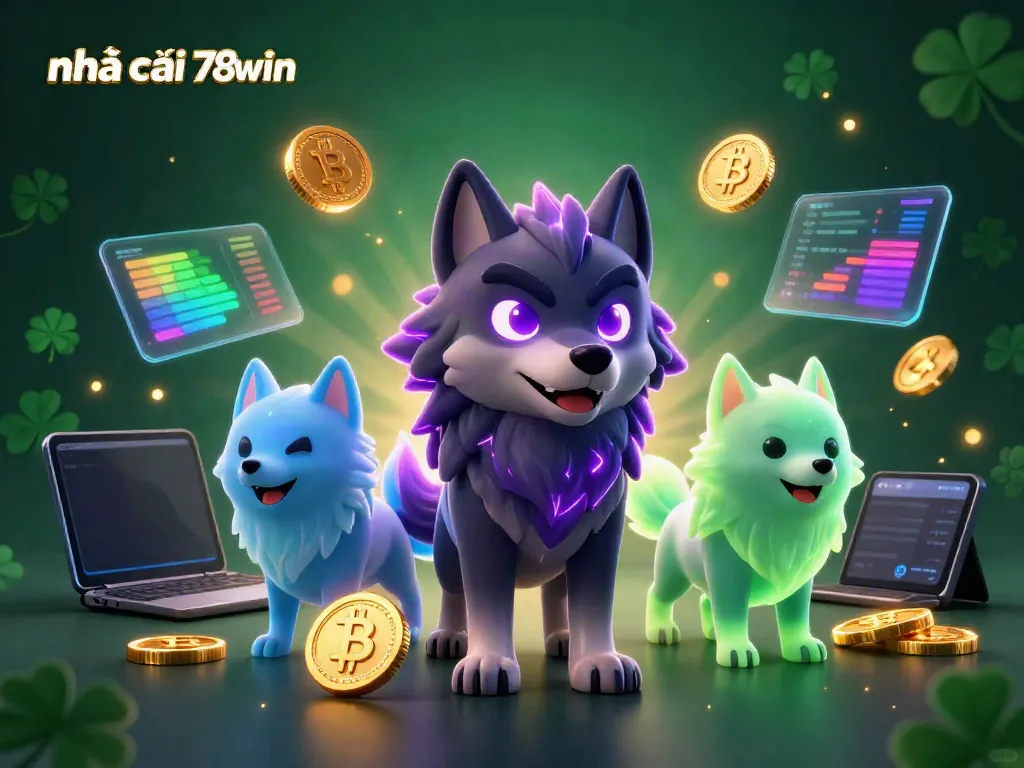 Engage with nhà cái 789win through an immersive 3D illustration featuring wolves and cryptocurrency elements in a vibrant casino atmosphere.