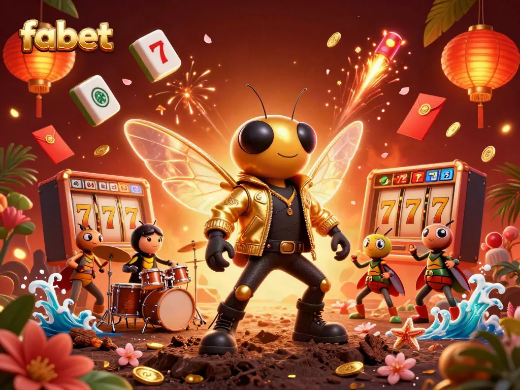 Experience the thrill of gameplay at fabet with a vibrant scene of a rock star cicada and dynamic casino elements.