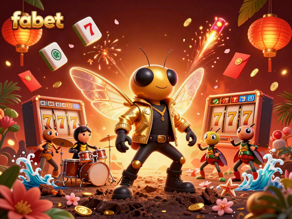 Experience the thrill of gameplay at fabet with a vibrant scene of a rock star cicada and dynamic casino elements.