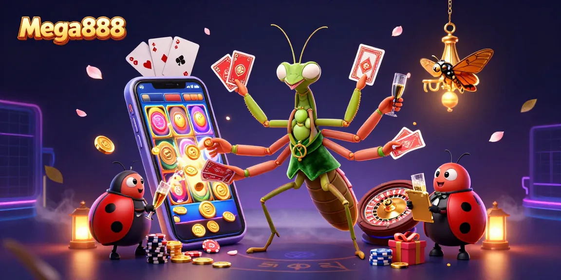 Experience mega888's thrilling slots with a giant mantis dealer and ladybug pit boss in a colorful casino scene