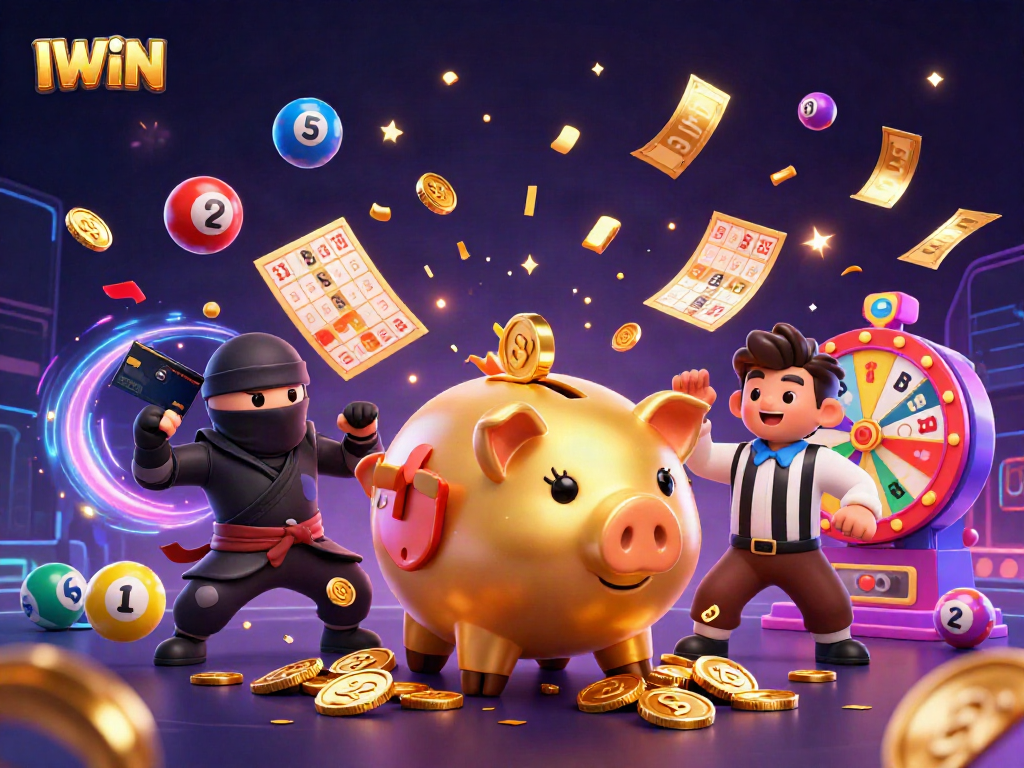 IWIN's vibrant gaming scene features a golden piggy bank and dynamic lottery elements
