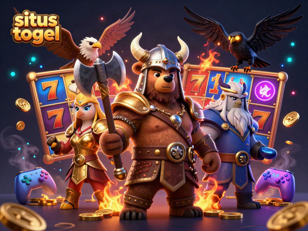 Experience situs togel excitement with a dynamic 3D casino illustration featuring Viking bear, Valkyrie eagle, and slot machines.