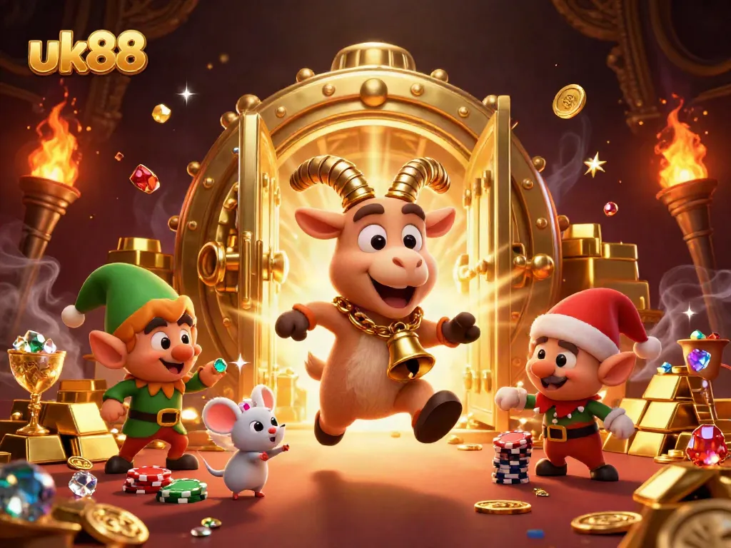 Engage in slot gaming excitement with UK88's lively casino atmosphere filled with festive characters.