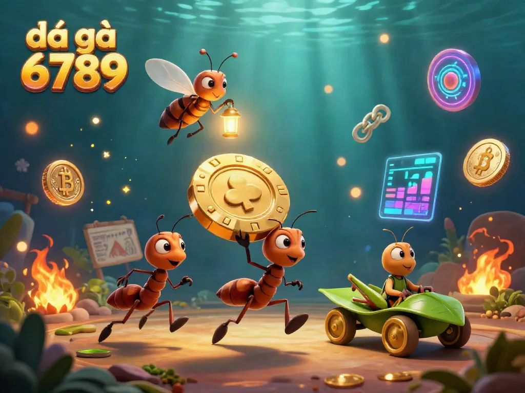 Engaging scene with ants carrying a giant poker chip for đá gà 6789, illuminated by lanterns amidst crypto coins.