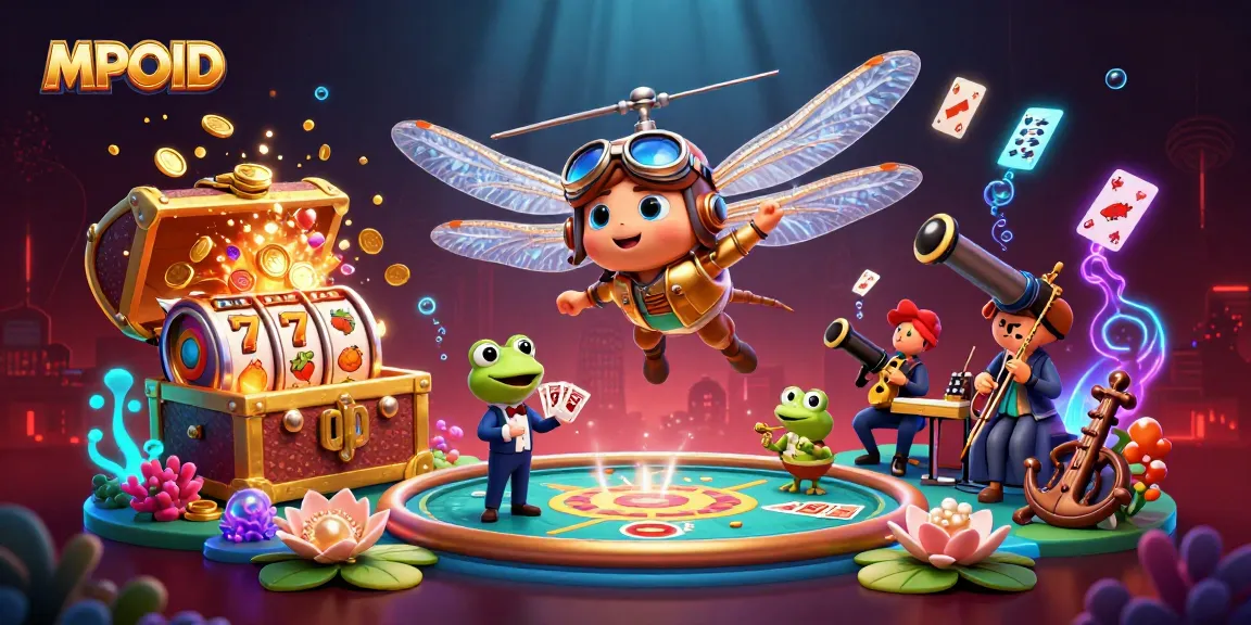 MPOID's vibrant casino scene showcases a dragonfly pilot, frog croupier, and jazz-playing crickets.
