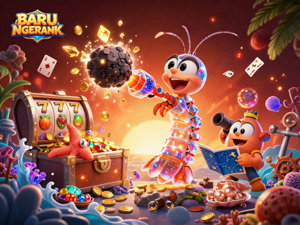 Play slots for gold rewards at BARU NGERANK with vibrant 3D casino characters.