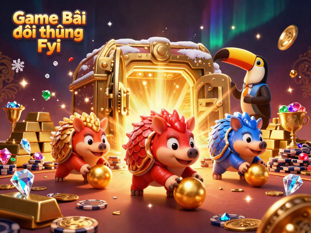 Engaging illustration showcasing Game Bài Đổi Thưởng Fyi with playful pangolins in a vibrant casino scene.