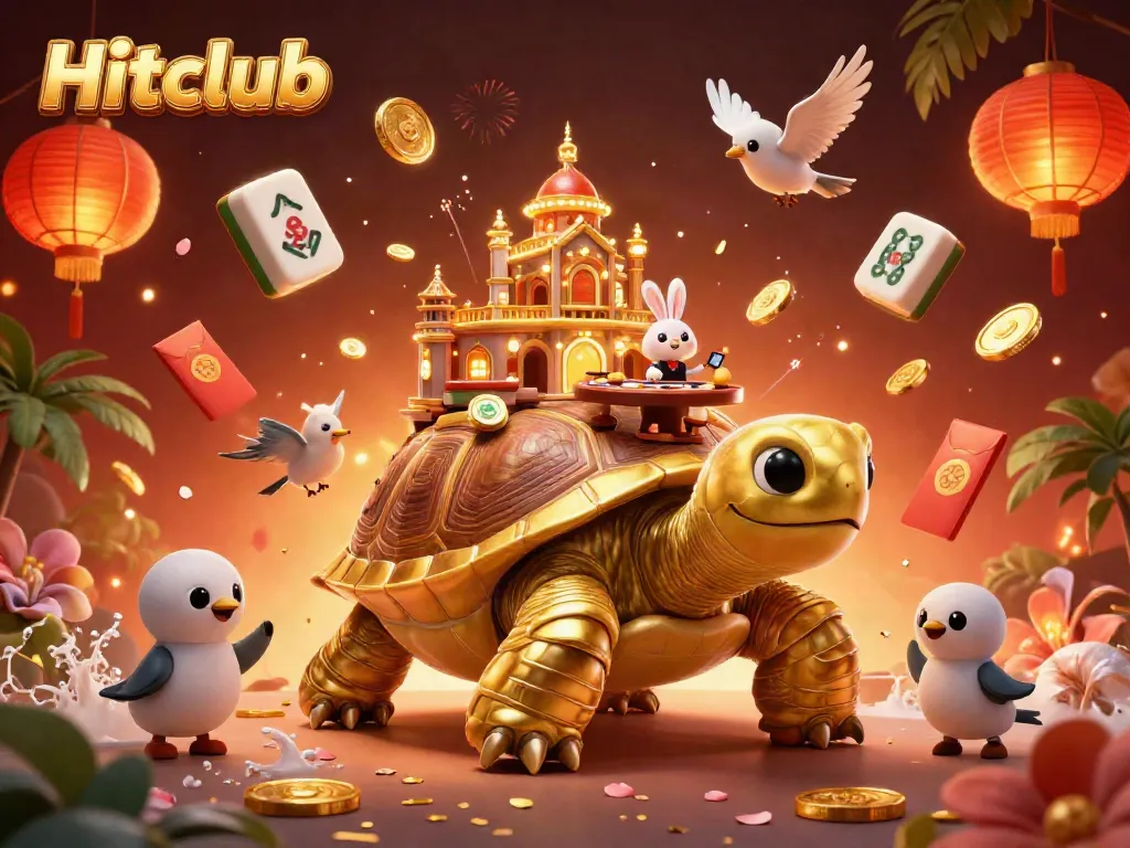 Experience the excitement of Hitclub with a vibrant 3D casino scene featuring a golden tortoise and festive decor.