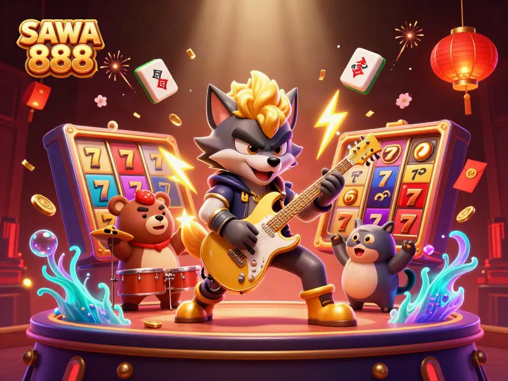 Experience thrilling SAWA 888 casino excitement with vibrant slot reels and energetic characters.