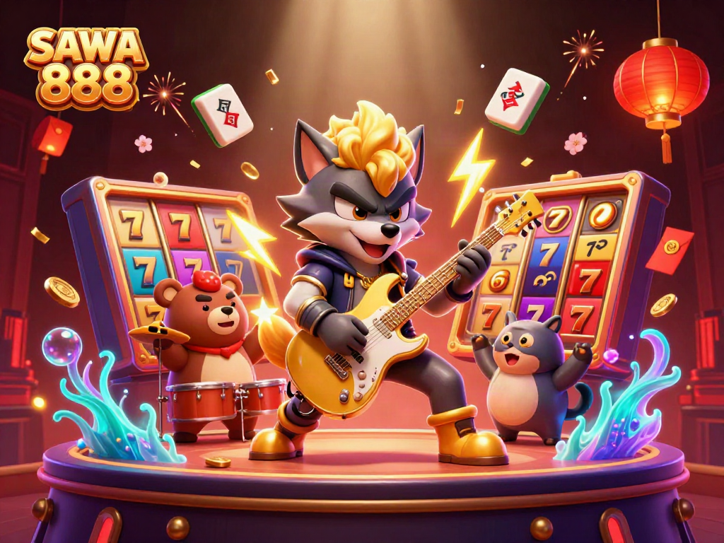 Experience thrilling SAWA 888 casino excitement with vibrant slot reels and energetic characters.