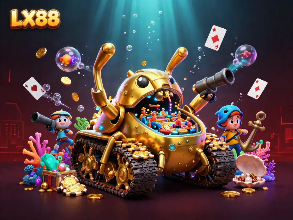 Engage in thrilling wins at LX88 with a vibrant 3D casino scene featuring gold treasures and fun gaming elements.