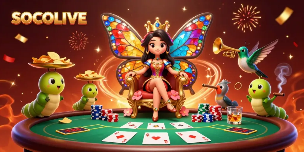 Experience thrilling gameplay with SOCOLIVE's colorful 3D casino scene of the butterfly queen amidst poker excitement.