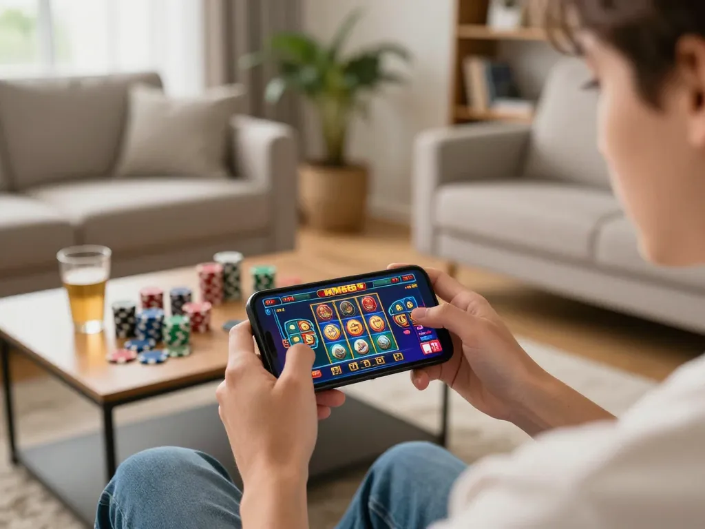 Player engaged in MM88 mobile casino gaming on a smartphone in cozy living room.