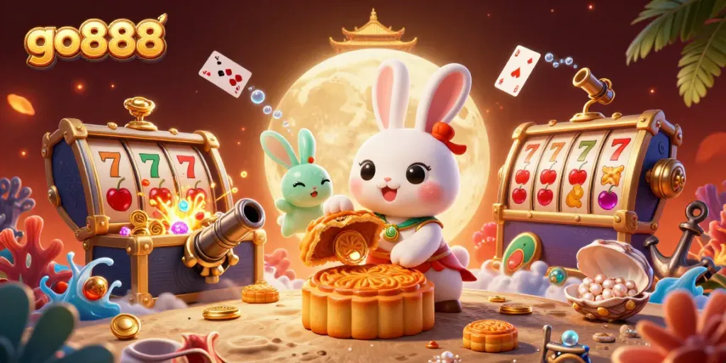 Experience exciting wins at go888 with vibrant casino-themed elements featuring a moon rabbit scene.