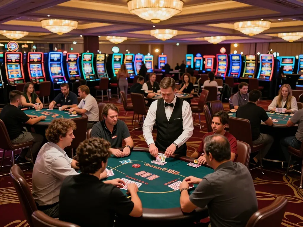 Players engaging in poker at F8Betz casino, showcasing lively gaming atmosphere and luxury