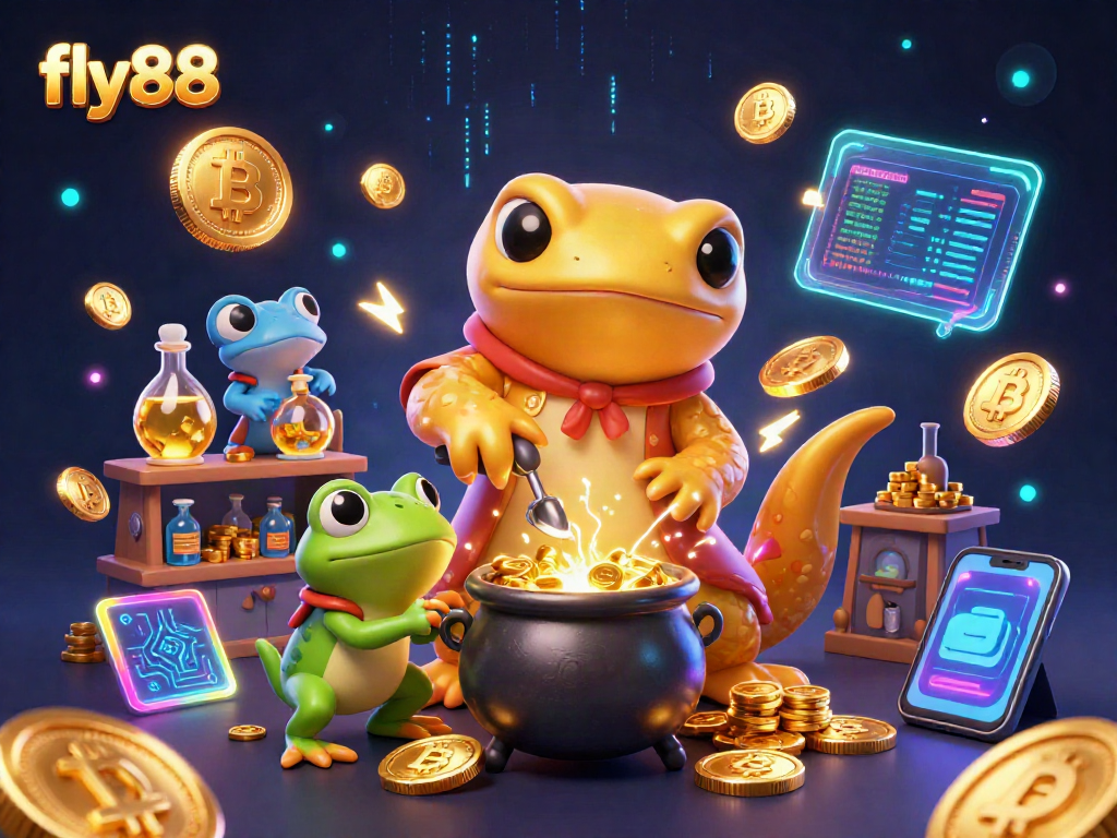fly88 engages players in a magical casino scene with gold creation and crypto elements.