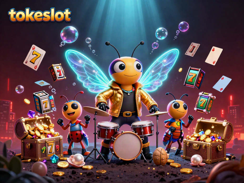 Tokeslot transforms gaming with a vibrant 3D scene featuring a rock star, drummer, and lively casino elements.