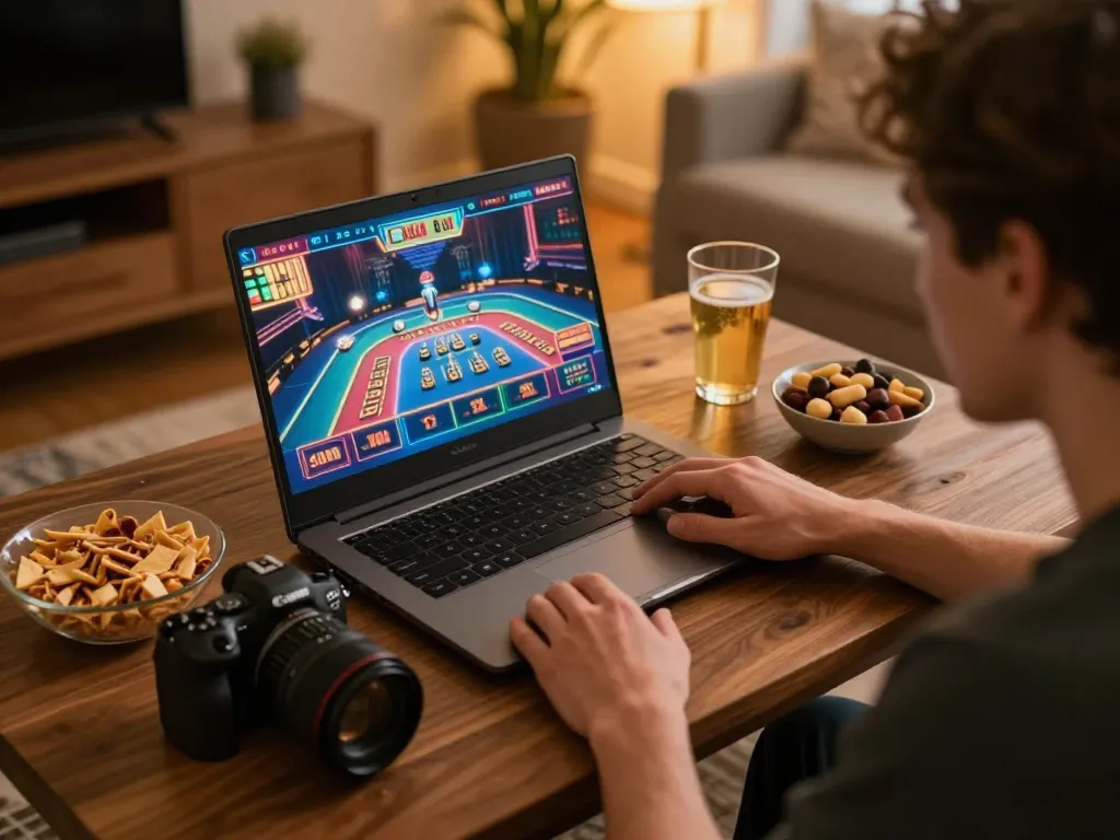 Player enjoying xx88 online casino game on a laptop at home, creating a cozy gaming atmosphere.