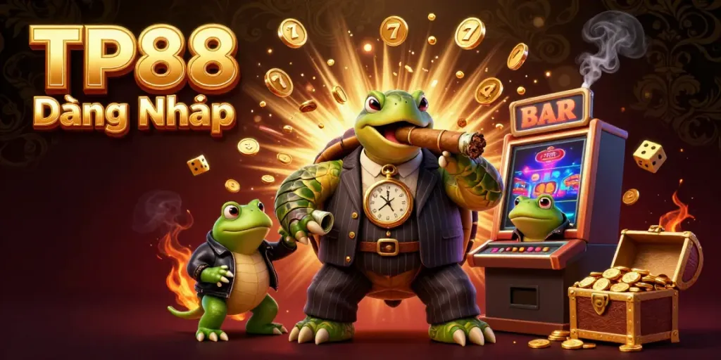 Experience TP88 Đăng Nhập with a lively 3D casino scene showcasing a snapping turtle mobster and dynamic game elements.