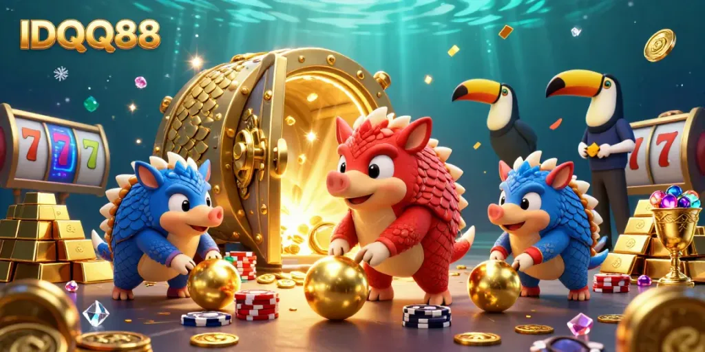 Compete with IDQQ88 in this vibrant 3D illustration of pangolins bowling through poker chips.