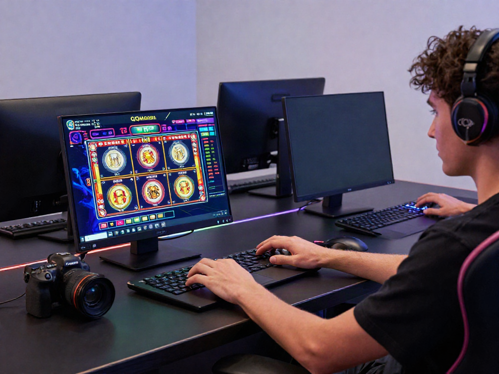 Exciting gaming scene showcasing qqmacan slot gameplay on a high-tech monitor with vibrant graphics.