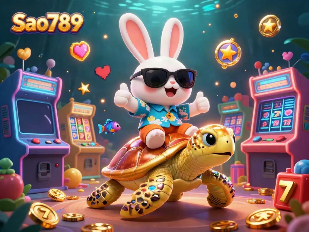 Sao789 slots-themed 3D illustration of a lucky rabbit and a sea turtle surrounded by arcade elements and vivid slot reels.