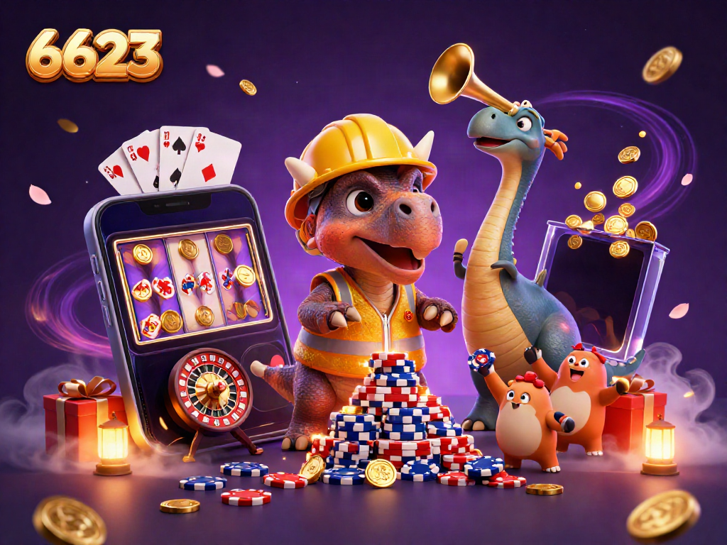 Engage with the vibrant 6623 casino scene featuring triceratops and parasaurolophus amidst joyful excitement and gaming elements.