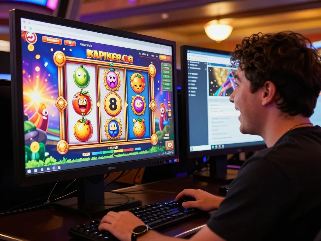 Player celebrating a win on vegasslot77.com, vibrant online slot interface showing exciting graphics.