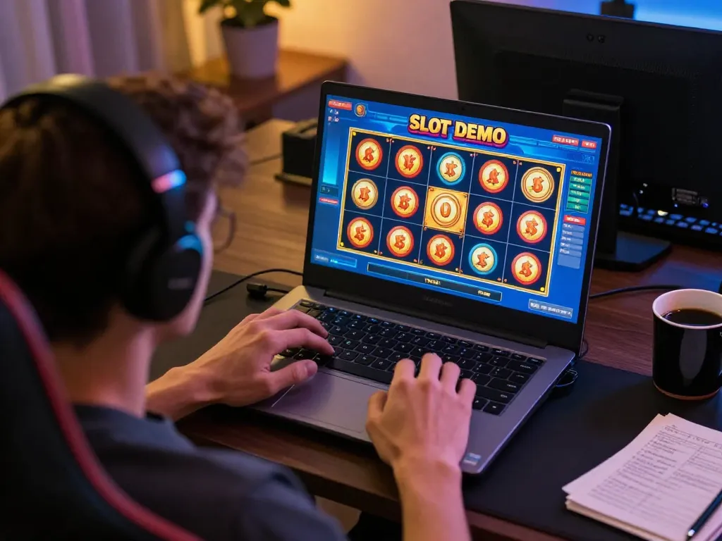 Experience the excitement of Slot Demo gameplay on a laptop in a cozy home setting.