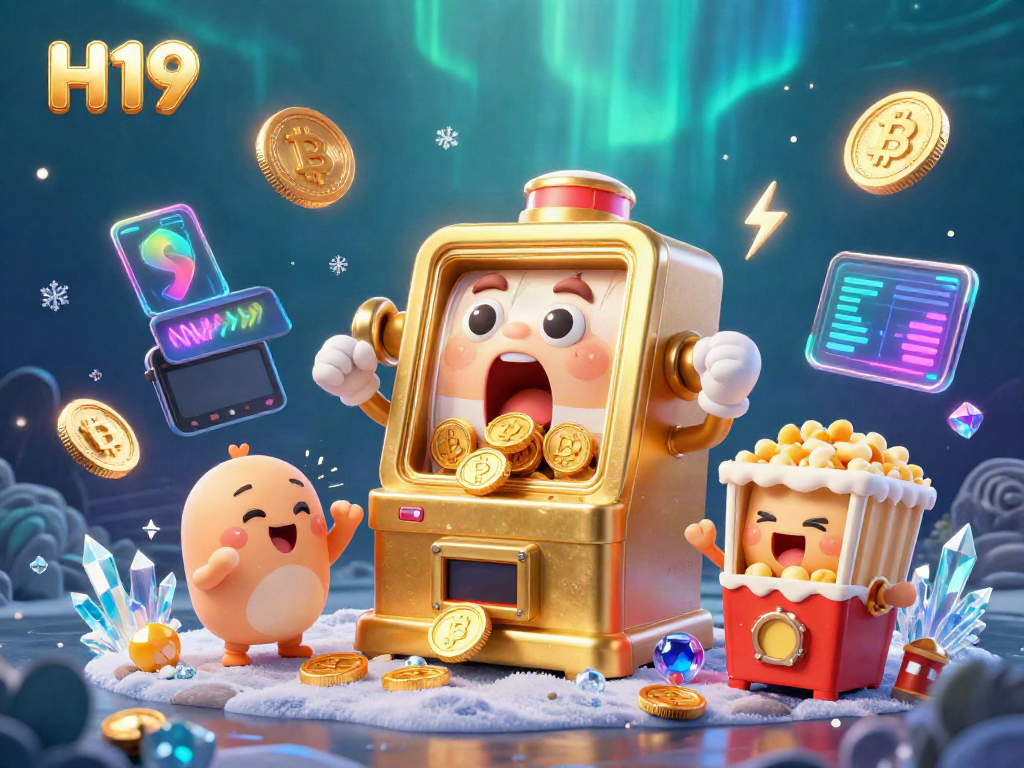 Experience H19's thrilling jackpot with a golden slot machine pouring coins, backed by crypto elements.