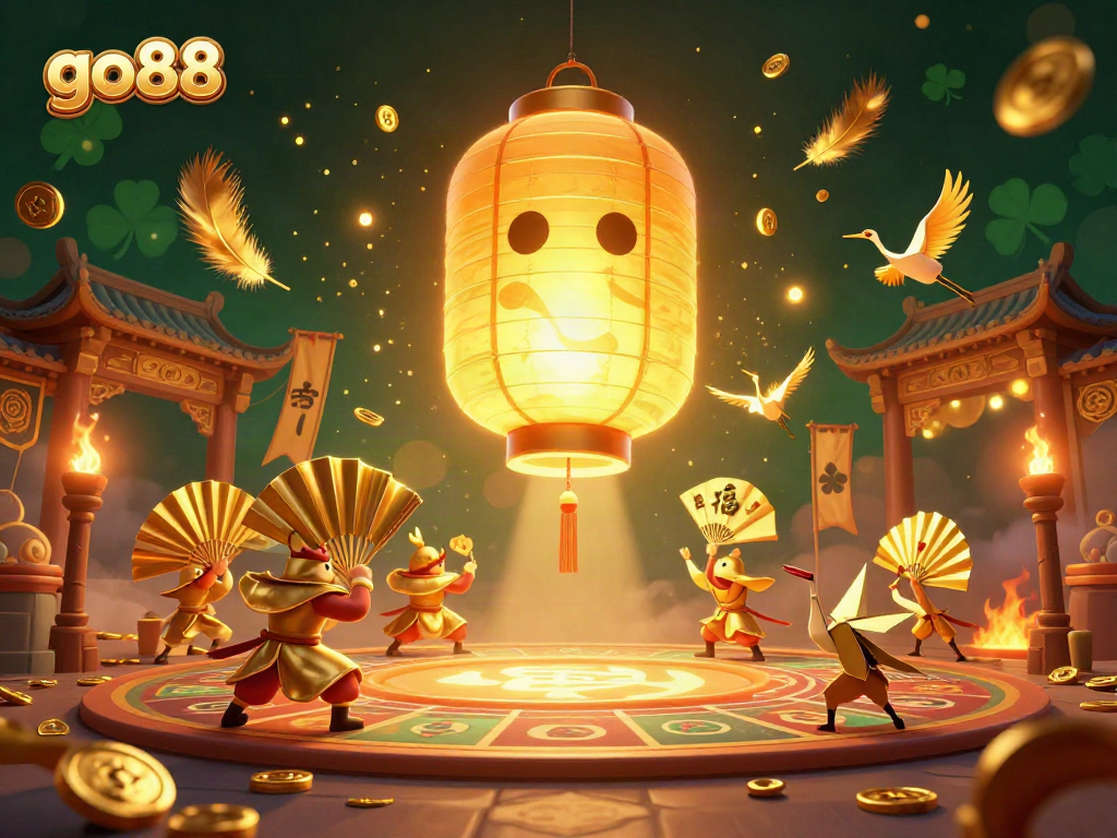 Experience thrilling gameplay at go88 with golden lanterns, paper warriors, and vibrant casino scenes.