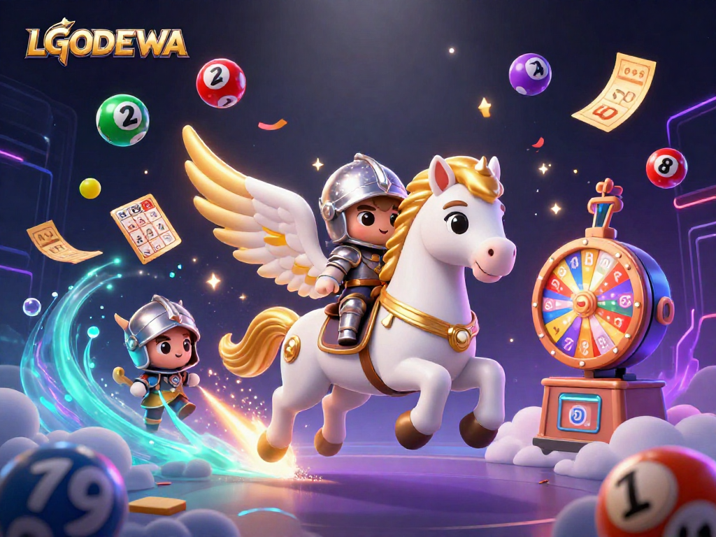 Engage in exciting lottery action with LGODEWA's vibrant 3D illustration featuring colorful games.