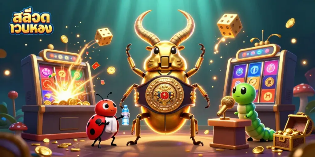 Experience thrilling สล็อตเว็บตรง action with vibrant slot machines and dynamic characters in an engaging casino scene.