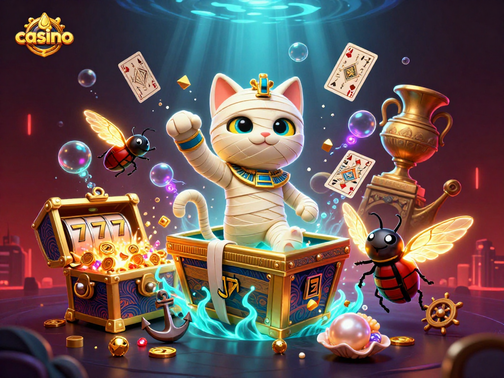 Experience the vibrant casino scene featuring a vivid Egyptian mummy cat and golden treasures.