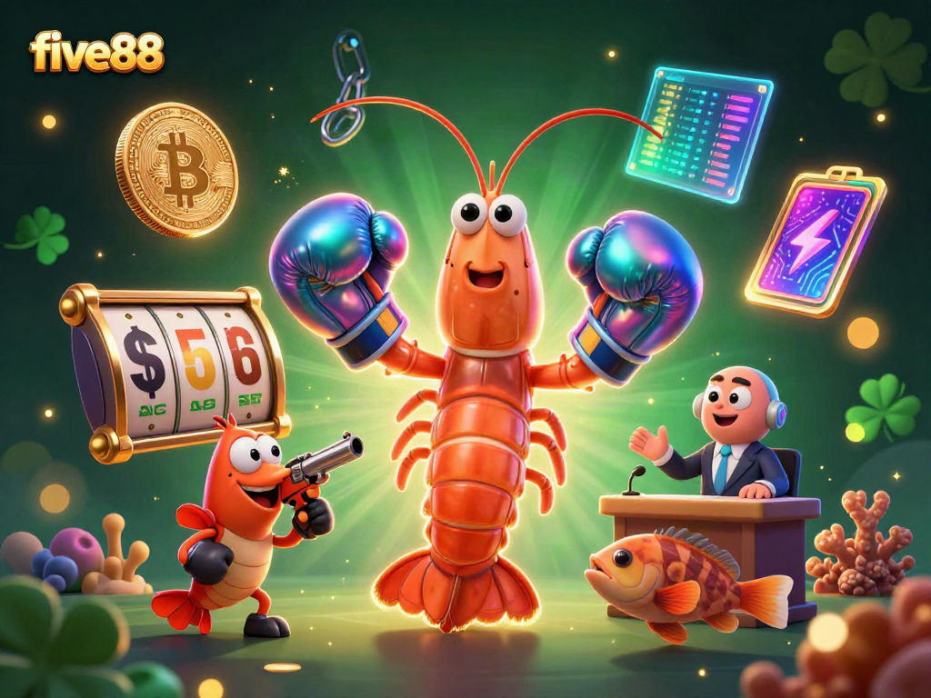 Experience the excitement at Five88 with a dynamic 3D casino scene featuring vibrant characters and crypto elements.