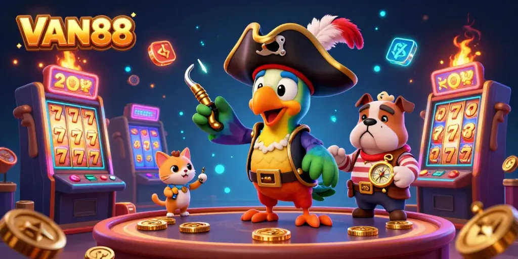 VAN88 engages players with colorful slot machines and lively cartoon characters in a vibrant casino scene.